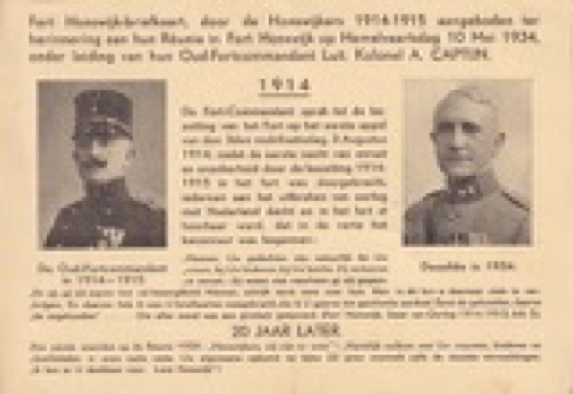 Prentbriefkaart "Fort Honswijk-briefkaart", "ter herinnering aan hun Réunie in Fort Honswijk op Hemelvaartsdag 10 Mei 1934"