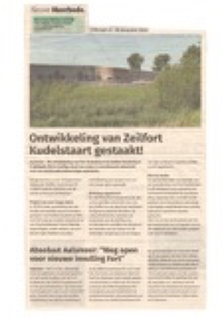 Artikel Ontwikkeling van Zeilfort Kudelstaart gestaakt, Absoluut Aalsmeer: "Weg open voor nieuwe invulling Fort"